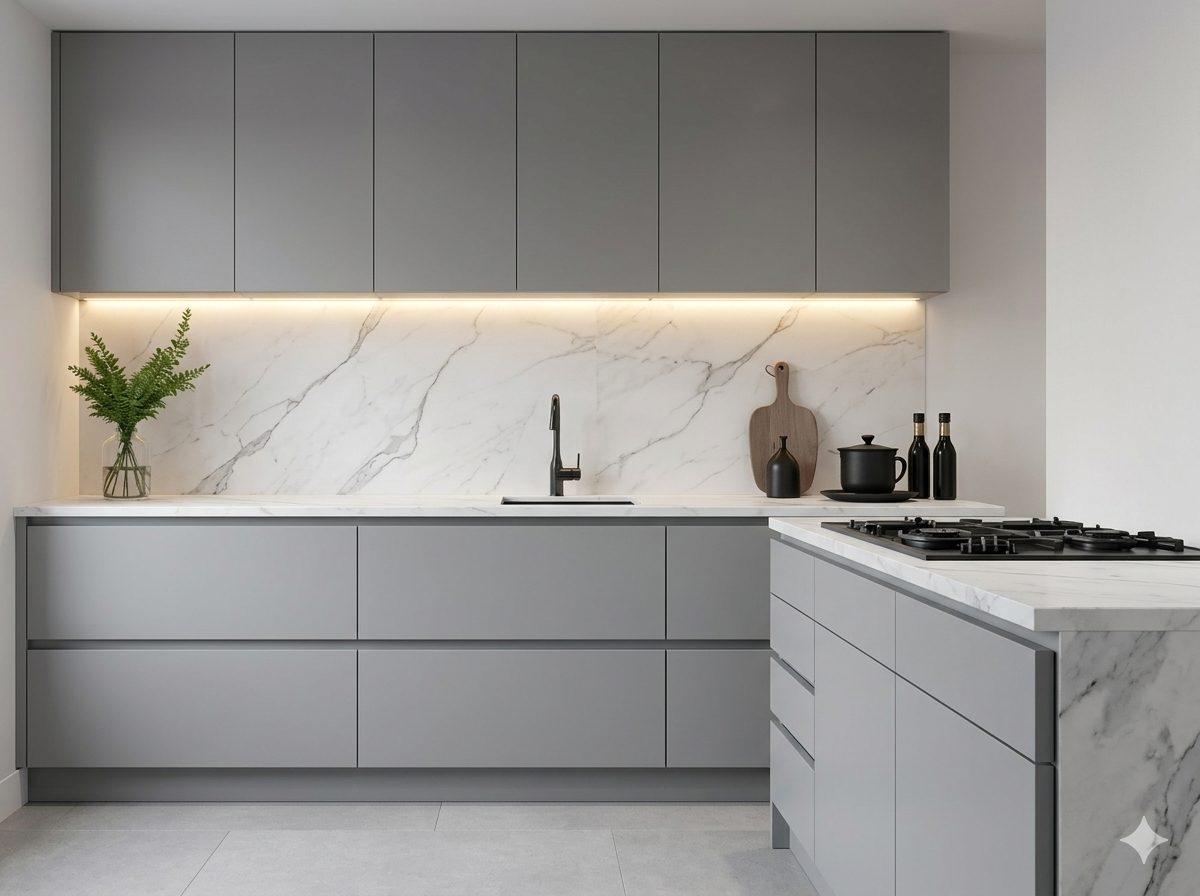 OD Solid Aluminium kitchen cabinet package with quartz countertop and tall unit by OD Carpenter Malaysia
