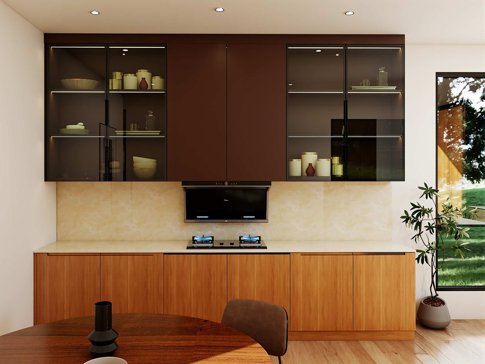 Horizon Series kitchen cabinet with natural wood grain, large window and biophilic design by OD Carpenter Malaysia