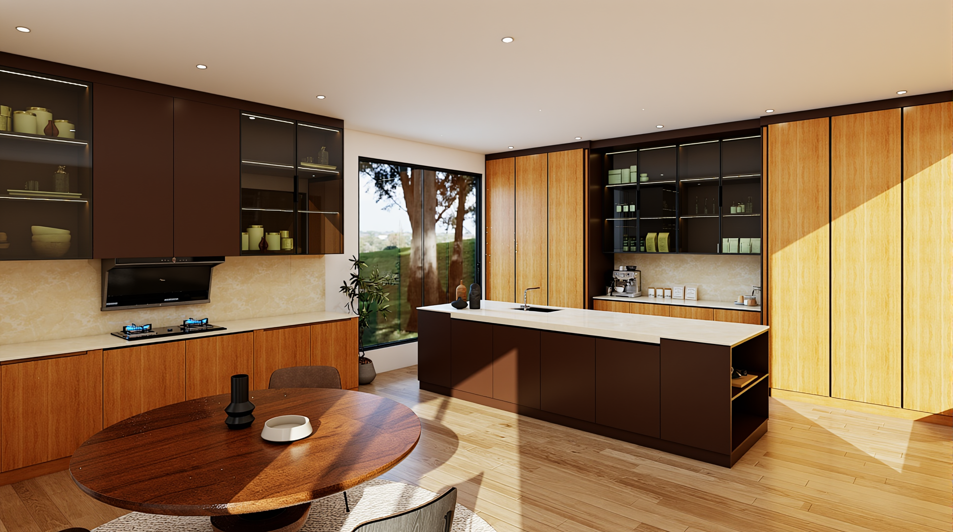 Horizon Series kitchen with monolithic island, oak flooring and architectural cabinet panels by OD Carpenter Malaysia