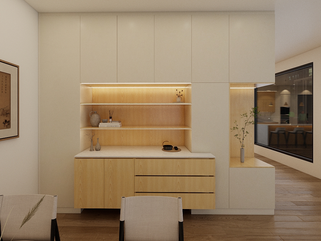 Nobila Series kitchen cabinet with pendant lighting and concealed cabinet illumination by OD Carpenter Malaysia